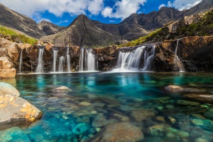 montaña,piscina,agua,rocas,cascadas